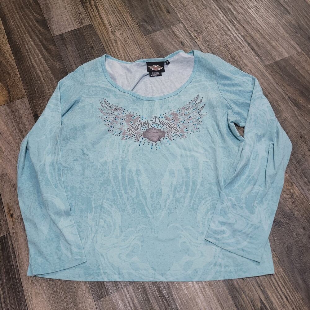 Harley-Davidson Shirt Womens XL Light Blue Jeweled Wings Tribal Print‎ Y2k
